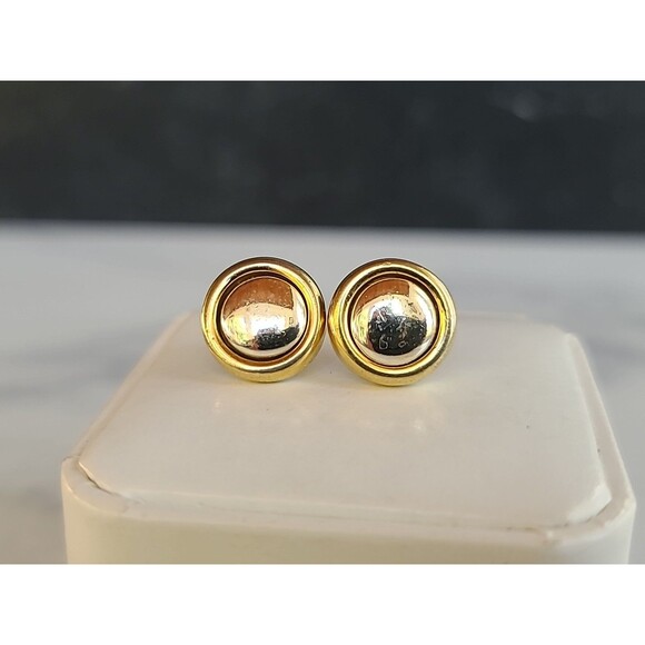 Two Toned Metal Circular Stud Earrings Vintage Costume Jewelry - Picture 5 of 10